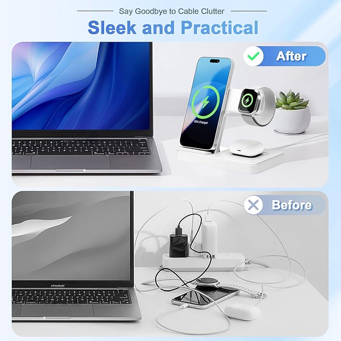 Wireless Charging Station for Apple Devices: 3 in 1 Foldable Qi Compact Case-Friendly Charger Stand for iPhone 17-12 & Apple Watch & AirPods Charging Dock for Travel Home Office Desk Nightstand(White)