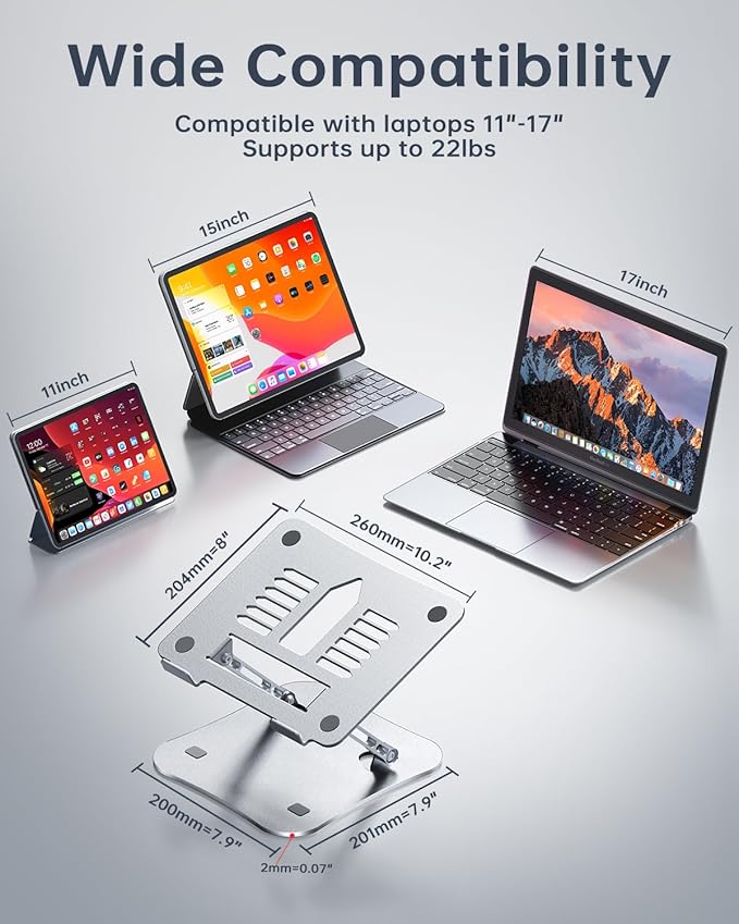 H&C(hcck&Cllassp) Aluminum Laptop Stand for Desk, Foldable and Portable Laptop Riser, Adjustable Notebook Stand, Ventilated Cooling Bracket, Ergonomic Computer Stand for 11-17 inch Notebooks, Silver
