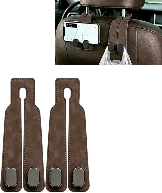 Car Headrest Hooks 2-Pack - Heavy-Duty Car Organizer Hooks for Purses and Grocery Bags,Premium Suede Seat Back Double Hooks,360° Flexible Hooks for Daily Commute and Road Trips (Suede Brown)