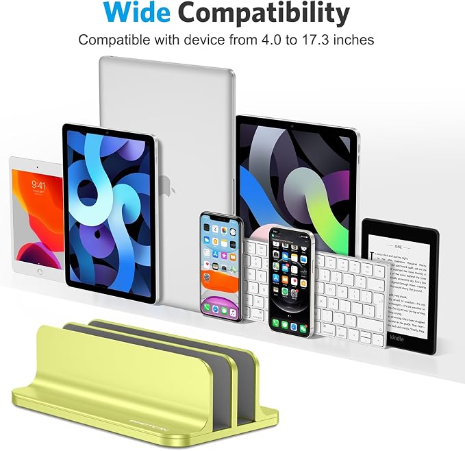 OMOTON Vertical Laptop Stand [Updated Double Version], Desktop Aluminum Mac Book Stand with Adjustable Dock Size, Fits All Mac Book, Surface, Chrome Book and Gaming Laptops (Up to 17.3 inch), (Citron)