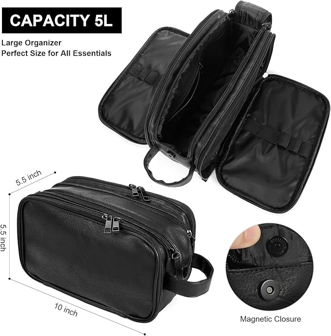 Toiletry Bag for Men and Women, Travel Essentials Shaving Dopp Kit, Travel Bag Toiletries Organizer Case for Grooming, PU Leather Water Resistant Cosmetic Bag Pouch (Black, Medium)