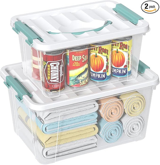 2-packs Latch Storage Boxes with Handle, 7 Quart & 14 Quart Clear plastic Container Tote