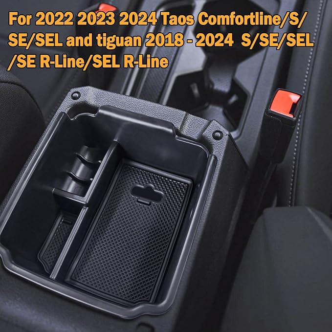 TACORBO Center Console Organizer Compatible with 2022 2023 2024 Taos and 2018 2019 2020 2021 2022 2023 2024 Tiguan Accessories Armrest Secondary Storage Box, Interior ABS Insert Glove Box Tray,Black