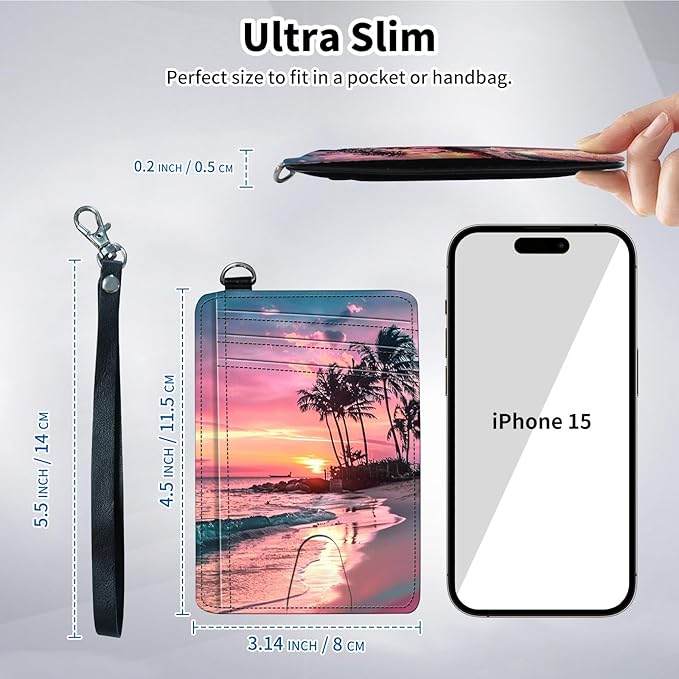 Slim Minimalist Front Pocket Wallet,Credit Card Holder Wallet for Women Men,RFID Blocking Credit Card Holder Case Leather Cute Small Thin Wallet ID Window&Wrist Strap,Pink Sunset Beach