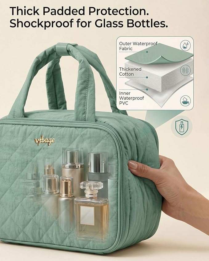 Lightweight Structured Travel Toiletry Bag for Women - Wide-Open Puffer Mini Duffel with Removable Divider, Waterproof Lining, Water-Resistant Exterior, Fits Full-Size Bottles & Shower Essentials