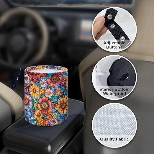 Colorful Flower Auto Garbage Bag Trash Can Collapsible Trash Rubbish Bin Basket Bag Hanging Cup Holder Organizer Car Interior Accessories for Front Seat, Back Seat, Floor, Headrest