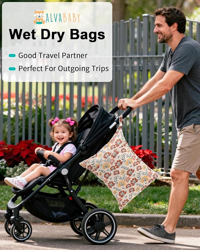 ALVABABY 3 pcs Cloth Diaper Wet Dry Bags Waterproof Reusable with Two Zippered Pockets Travel Beach Pool Daycare Soiled Baby Items Yoga Gym Bag for Swimsuits or Wet Clothes Small Medium Large 3L-SML14