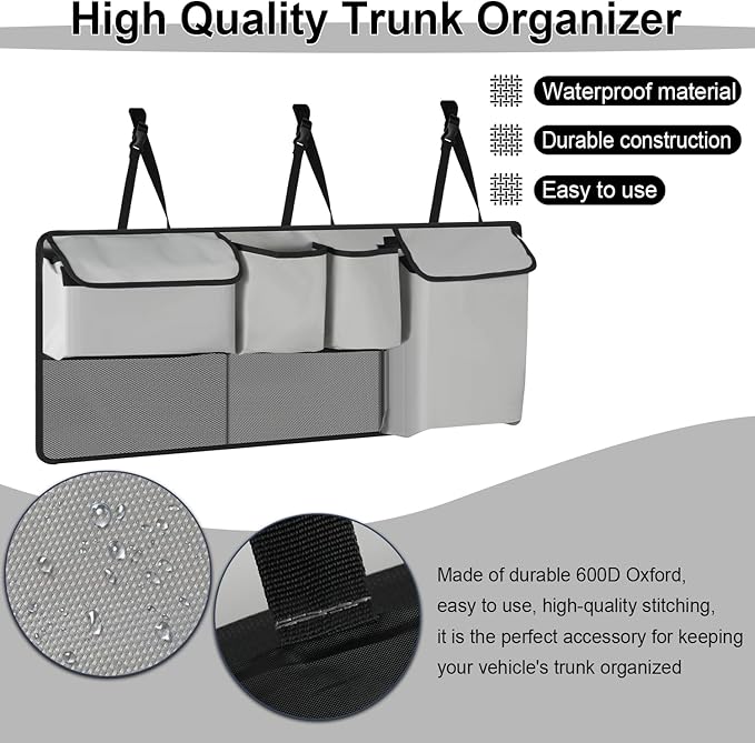 UYYE Trunk Hanging Organizer, Backseat Storage Bag, Collapsible Car Interior Accessories with 4 Pockets & 2 Mesh Pouches for Tools, Provide More Storage Trunk Space for SUV, Jeep, MPVs (Light Grey)