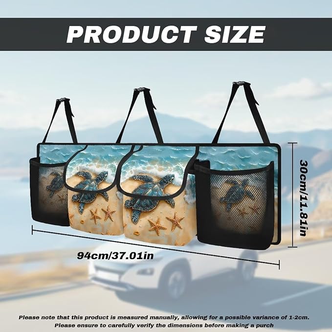 Sea Turtle Car Trunk Organizer,Beach Design Backseat Trunk Organizer with 4 Pocekt,Backseat Hanging Car Storage Bag Foldable Cargo Storage Not Easy to Fade