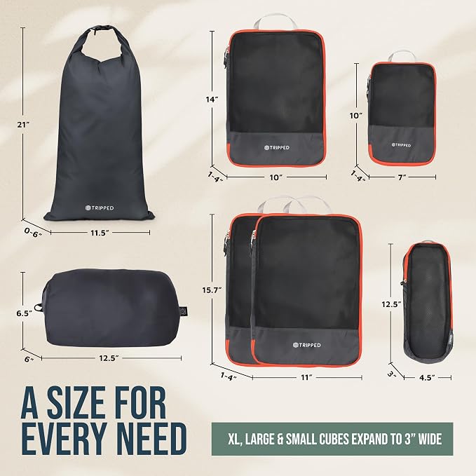 Large Compression Packing Cubes for Travel-Packing Cube Luggage Organizers 7 Piece Set for Checked Luggage-Ultralight, Expandable/Compression Bags by TRIPPED Travel Gear (Grey and Orange Mesh)