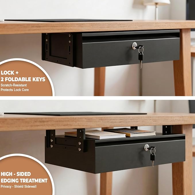 POPMOON 16in Under Desk Drawer with Lock Pull Out Storage Organizer | Carbon steel under desk drawer with lock,smooth slide rails, adjustable mounting height, supports up to 33 lb