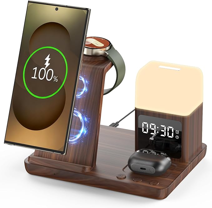 Wireless Charger for Samsung/Android, 6 in 1 Phone Nightstand Charging Station Charger with Alarm Clock/Night Light for Samsung S25/S24/S23 Ultra/Buds3,Watch Charger for Galaxy Watch 8/7/6/5-Wood