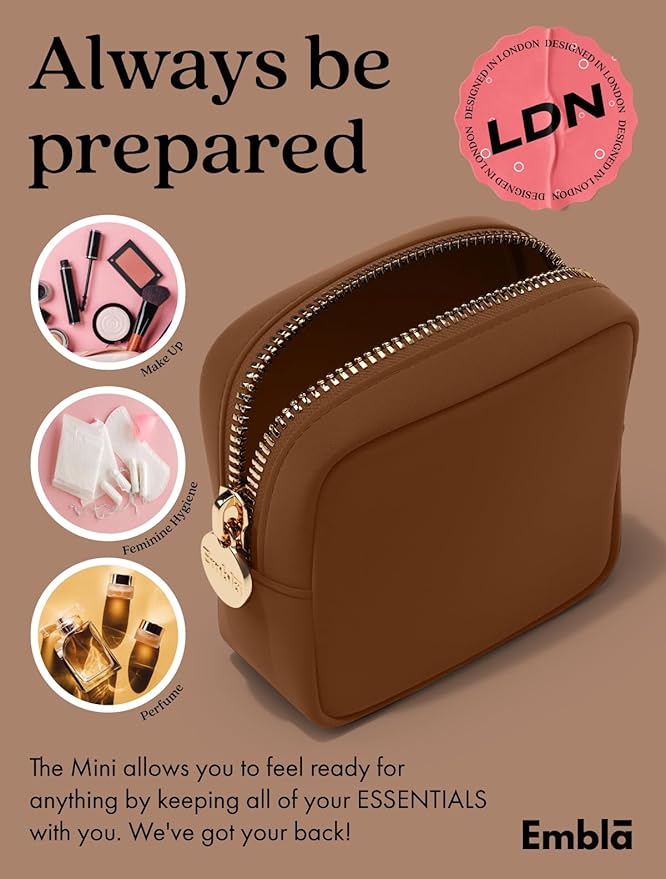 Embla Makeup Bag Travel Cosmetics Pouch and Toiletry Bag, Nylon Zipper Pouch Purse, Cute Make Up Organizer Storage Tote for Women Girls, Waterproof Travel Skincare Case, Small Makeup Bags, Chocolate