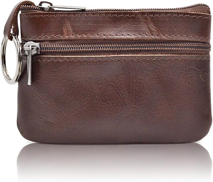 Freezx Women Genuine Leather Coin Pouch Zip Mini Purse Wallet Key Chain Double Zipper
