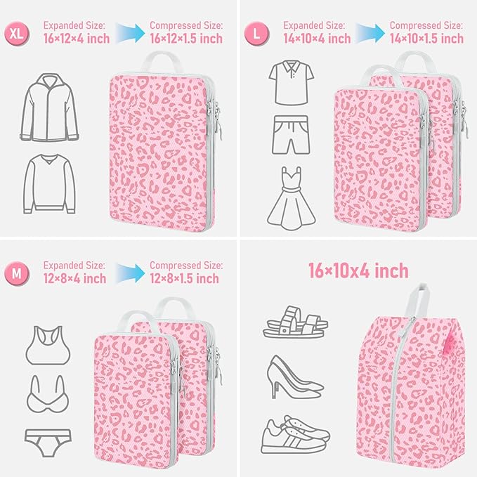 6 Set Compression Packing Cubes, Suitcase Organizer, Lightweight Travel Essentials, Compression Bags For Travel Accessories Luggage Storage Set (6Pcs, Pink Leopard)