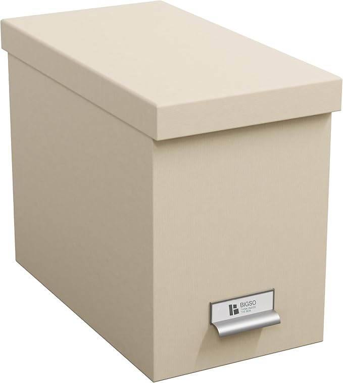 Bigso John Fiberboard Label Frame Desktop File Storage Box - Document Organizer for Important Paperwork - Durable Hanging File Box with Lid & Metal Label Window - 7.36 x 13.38 x 10.51 in - Fawn
