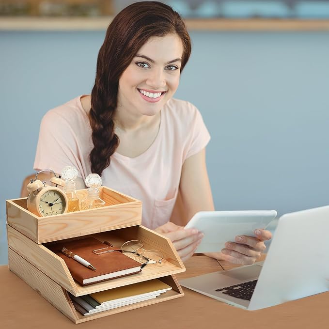 Beeveer 3 Pcs Wooden Letter Tray Stackable Document Desk Letter Tray 3 Layer Desktop Paper Organizer Heavy Duty 3 Tier Support Tabletop Inbox Drawer File Folder Back to School Office Home(Light Brown)
