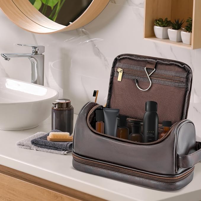 Personalized Gifts Travel Toiletry Bag for Men, Engraved Initial PU Leather Waterproof Shaving Bag, Groomsmen Present Christmas Birthday Gifts for Men Dad Husband Son Boyfriend, Dark Brown Z