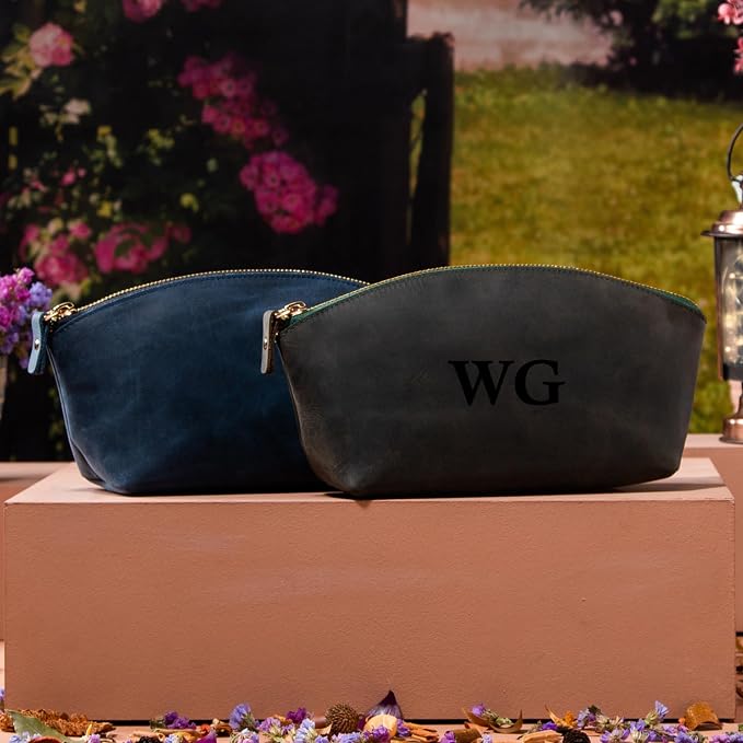 Blade Premium Personalized Genuine Leather Cosmetic Makeup Bag - Wedding Gift for Bridesmaid, Travel Organizer Clutch for Women with Zipper Pouch for Toiletry Essentials (Gray)