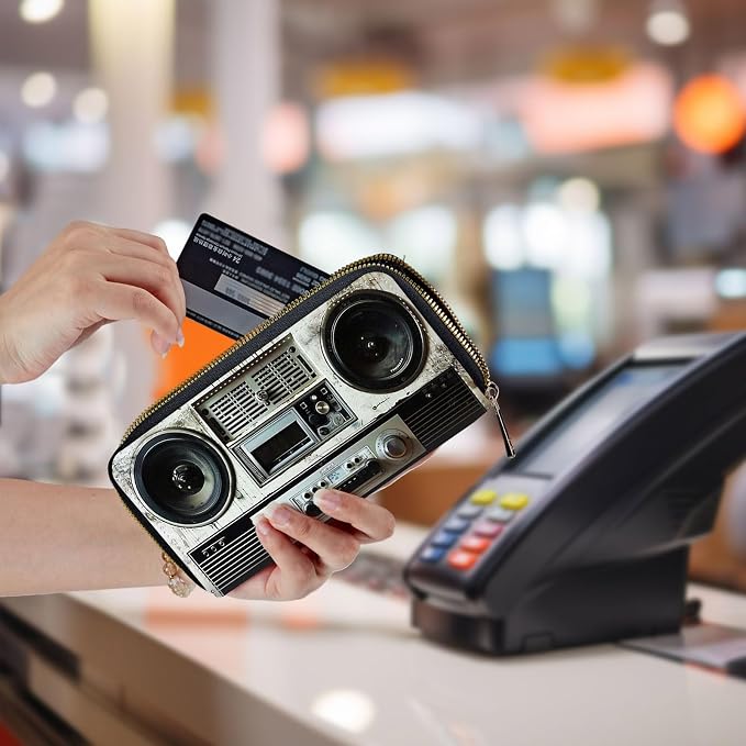 Wallet,Leather Long Wallet Suitable For Ladies And Teenagers - Detachable Wristband + RFID Travel Wallet With Card Slot - Retro Boombox