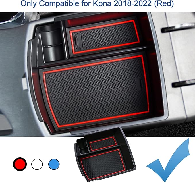 2018-2021 2022 2023 Kona Center Console Organizer for Hyundai Kona Armrest Box, 2022 Kona Console Armrest Tray 2022 2023 Kona Armrest Box Insert Tray Accessories (Red Mats)