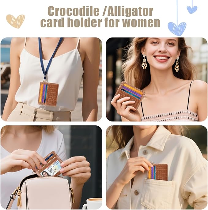 Slim Credit Card Holder Crocodile Wallet Women Thin Alligator Wallets RFID Blocking Minimalist Lightweight Small Cute Cards Holders with ID Window, Brown