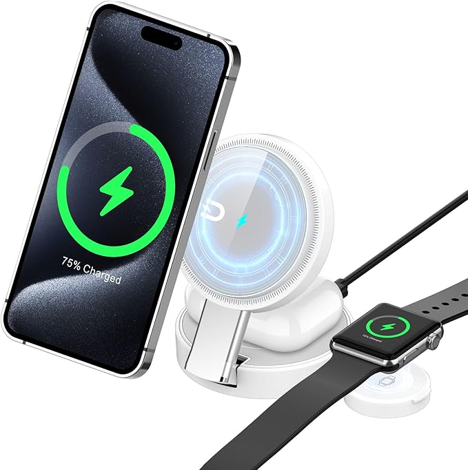 Charging Station for Apple Multiple Devices - 3 in 1 Foldable Magnetic Wireless Charger Dock - Travel Charging Pad for iPhone 16 15 14 13 12 Pro Max Plus Watch & Airpods (White)