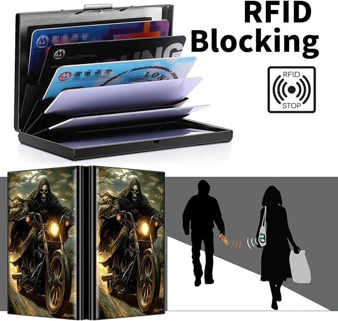 Metal Wallet, Credit Card Holder for Women Men Girls, RFID Blocking Aluminum Wallet Slim Hard Case, Mini Travel Wallet, ID Card Holder Business Card Case,Motorbike Skull