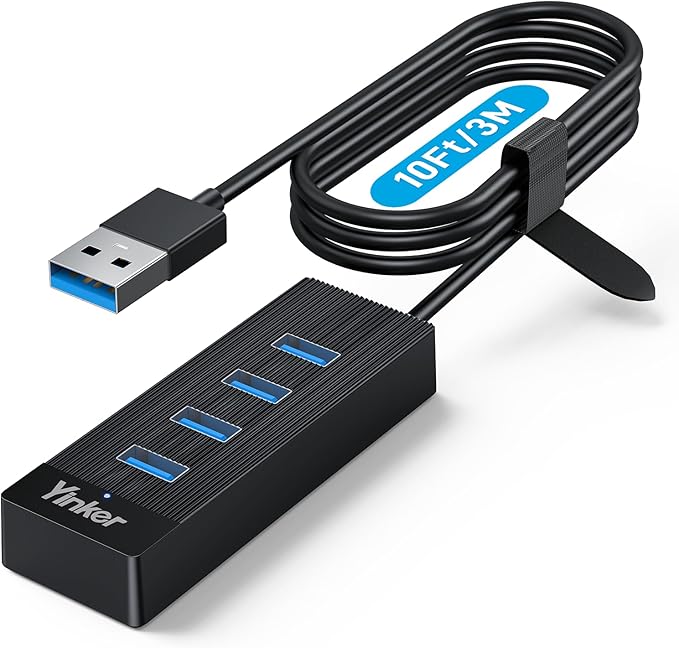 4 Port USB 3.0 Hub 10FT Long Cable with 5 Gbps & 5V USB-C Power Supply for Laptop Desktop PC – USB Hub Splitter Extender Expander Compatible with Mac, Windows