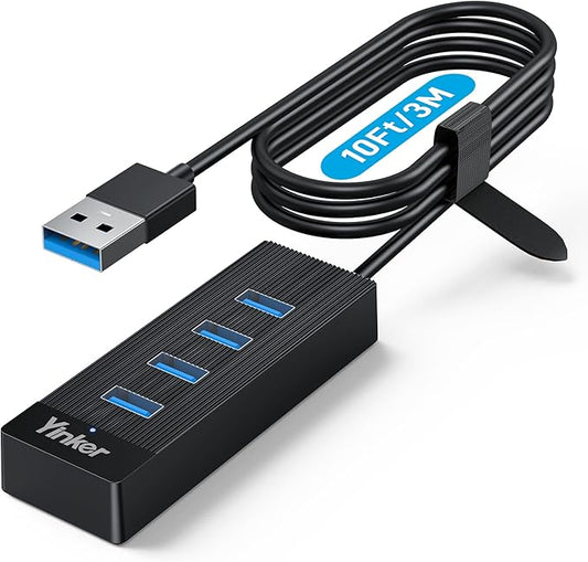 4 Port USB 3.0 Hub 10FT Long Cable with 5 Gbps & 5V USB-C Power Supply for Laptop Desktop PC – USB Hub Splitter Extender Expander Compatible with Mac, Windows