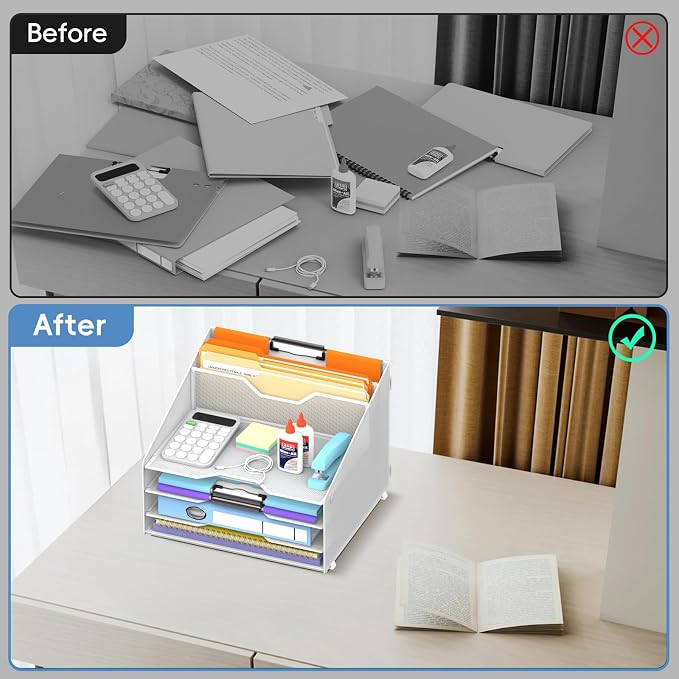 Desk File Organizer, 4 Letter Trays and 2 Upright Sections, White | Paper organizer for desk with tiered letter trays and upright file sections for home office, school and workspace use
