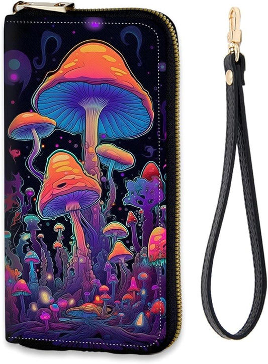 Women's RFID Blocking Zip Around Wallet with Detachable Wrist Strap, Large Capacity Credit Card Holder Organizer for Everyday Use,Magic Mushrooms