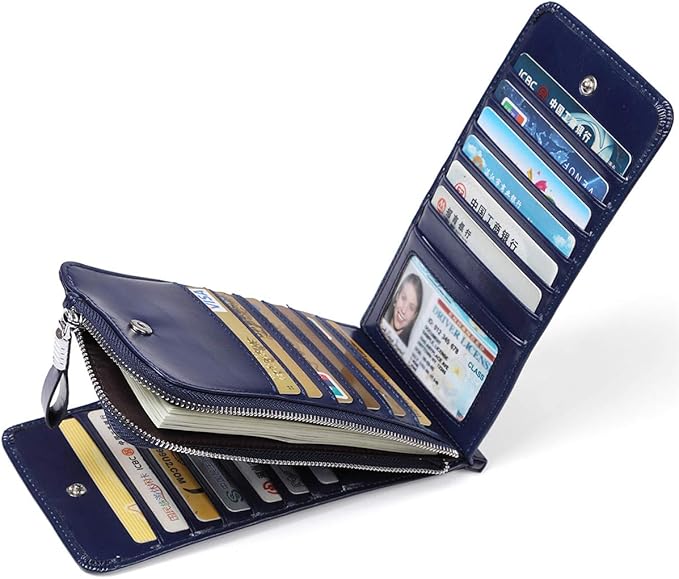 Women's Genuine Leather Credit Card Holder RFID Long Zipper Purse Wallet