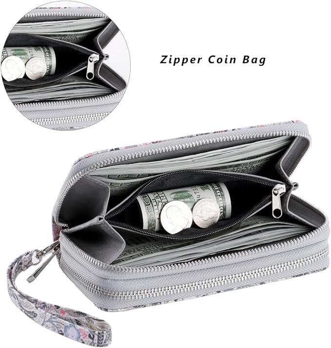 Cellphone Wallet for Women Dual Zipper Long Purse with Removable Wristlet