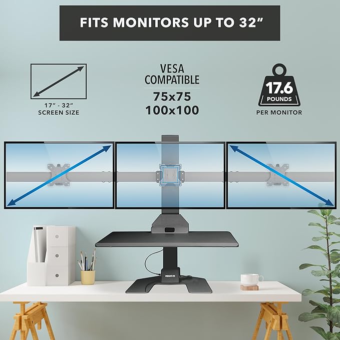 Mount-It! Triple Monitor Electric Standing Desk Converter - 3 Screens Stand Up Desk Riser - Height Adjustable Desktop & 3 Mounts for Screens up to 32", Sit-Stand Convertor for Home, Office, School