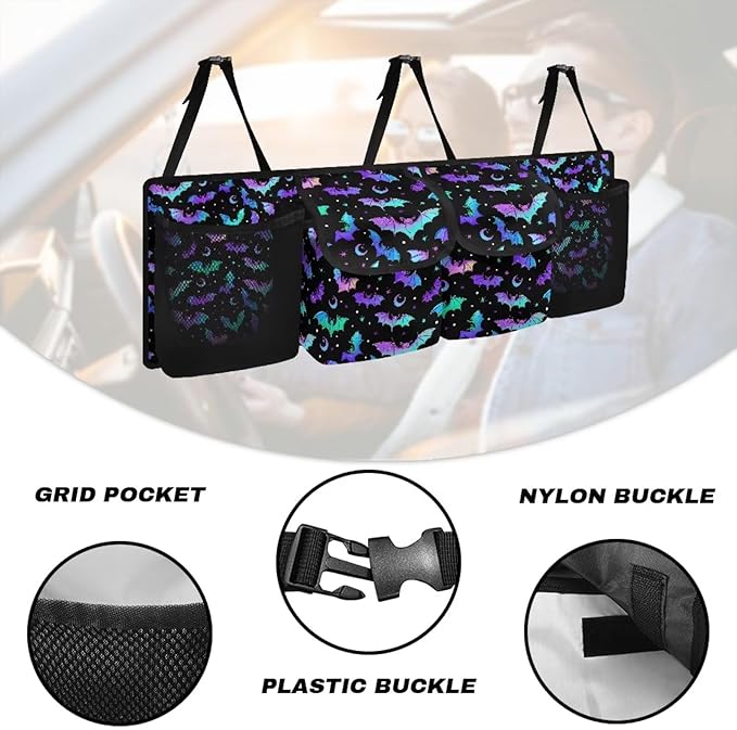 Hanging Car Trunk Organizer Halloween Bats Moon Car Back Seat Storage Bag Auto Cargo Bag Collapsible Auto Interior Accessories for Sedans SUV Jeep Trucks MPV Van