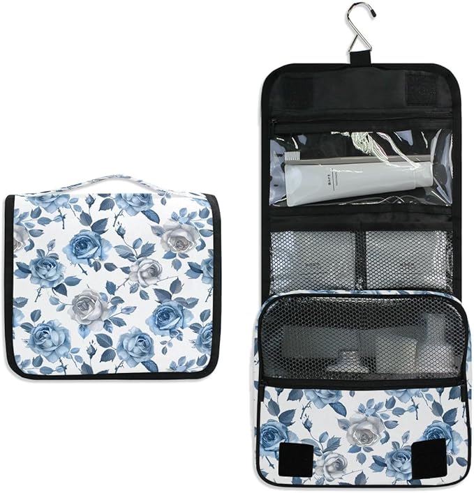 senya Hanging Travel Toiletry Bag Cute Kit Makeup Case Cosmetics Organizer for Men Women (Roses Blue White Pedals)