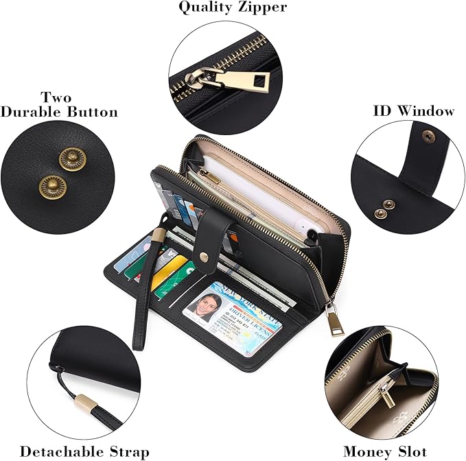 GAEKEAO Wallet for Women Clutch RFID Blocking Wristlet Leather Purse Large Capacity Credit Card Holder with Grip Hand Strap