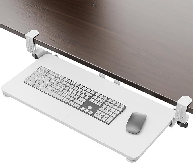 Large Keyboard Tray Under Desk, Pull Out Keyboard & Mouse Tray with Adjustable C-clamp, 25.6(31.5 Including Clamps) x 11.8 Inch Slide Out Computer Keyboard Drawer Mouse Tray for Typing, White