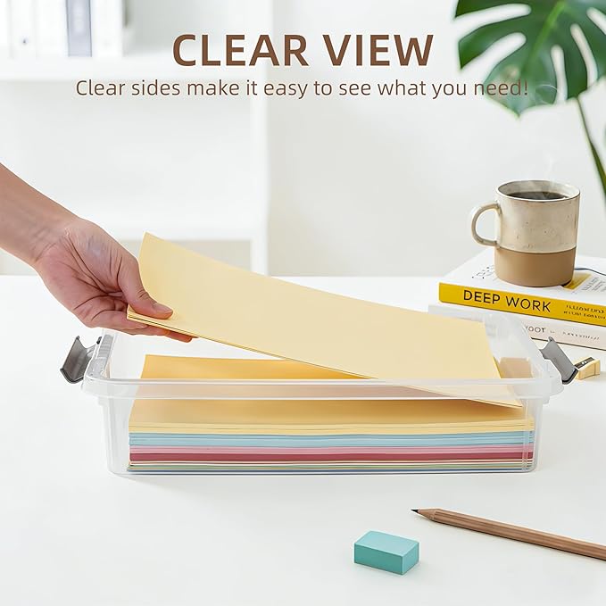 Citylife 6 PCS Clear Plastic Container Clip Box with Latching Lids, Stackable Document Paper Protectors Organizer Container for Office, Home, and School Supplies