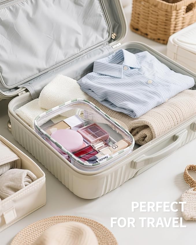 Narwey TSA Approved Toiletry Bag Carry on Clear Toiletry Bag Makeup Bag, Airport Airline Quart Size Travel Bags, Waterproof Portable Compact Cosmetic Make up Organizer Bag (Mint Green Checkerboard)