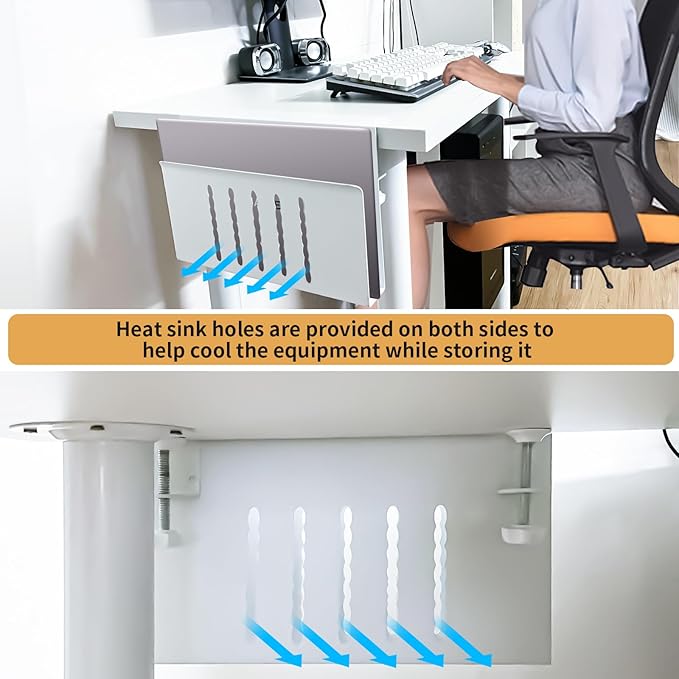Desk Side Storage, Under Desk Storage, No Drill Steel Hanging Desk Organizer, Laptop Holder, Table Hanging Storages Holder for Office & Home (White)