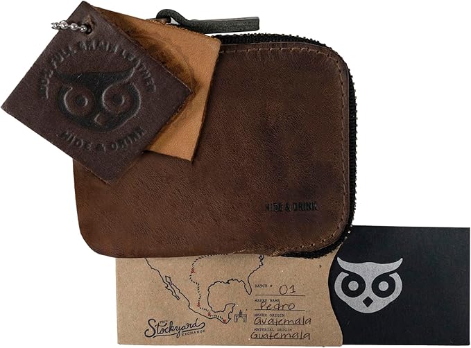 Hide & Drink, Full Grain Leather Zippered Card Wallet for Men and Women, Coin Pouch, Money Holder, Pocket Organizer, Handmade, Bourbon Brown