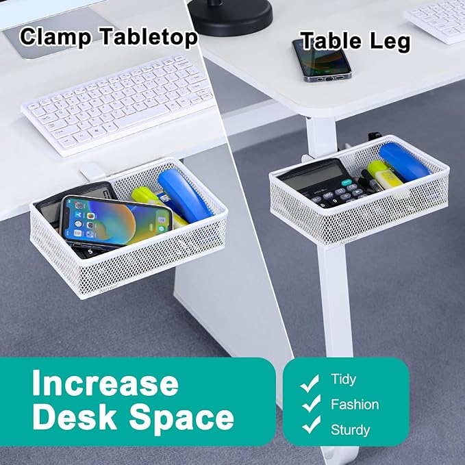 Under Desk Drawer Organizer - Clamp-On Above or Below Desk Mesh Drawer for Office Accessories, Storage Tray, and Desktop Organizer (White - Small)