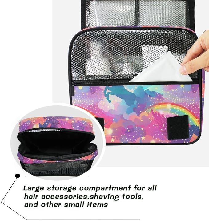 senya Hanging Travel Toiletry Bag Cute Kit Makeup Case Cosmetics Organizer for Men Women (Rainbow Winged Unicorn)