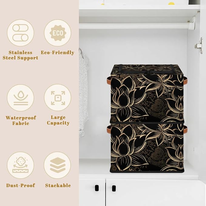 Storage Bins With Zipper Lid, Collapsible Trunk Organizer, Car Organizers and Storage Bins with Lids, Decorative Storage Boxes with Handle, Home Storage Baskets For Organizing (Golden Lotus)