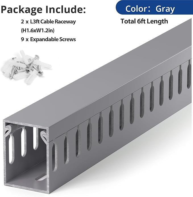 ZhiYo H1.6in W1.2in Professional Server Rack Cable Management Raceway, 6ft (2 x L3ft) Cable Raceway Kit, Electrically Safe PVC Open Slot Wire Raceway for Under Desk/Computer/Network Cords, Grey