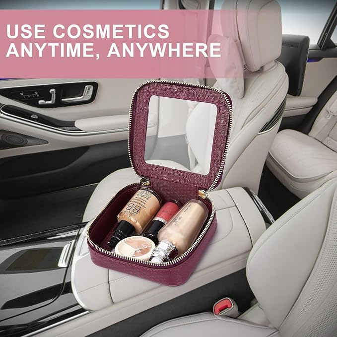 Pinkmik Small Makeup Bag Clear Mini Cosmetic Makeup Case & Toiletry Bag with Zipper Women's Purse Organizer & Car Essentials (X/Burgundy, MINI)