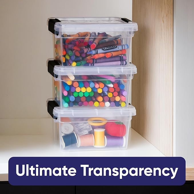 Superio Mini Storage Container Plastic Crayon Box Art Supplies and Sewing Case Stackable Clear Small Organizer for Beads, Stationery, Chalk, and Food, 1.4 Quart