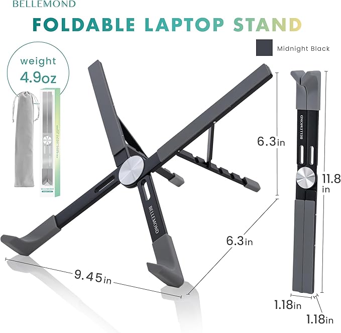BELLEMOND Adjustable Laptop Stand | Foldable Aluminum Riser | X-Frame Ergonomic Japanese Design | Fits MacBook Pro/Air, Dell, HP, Lenovo & 10–17.3” Laptops | Portable & Lightweight | Midnight Black